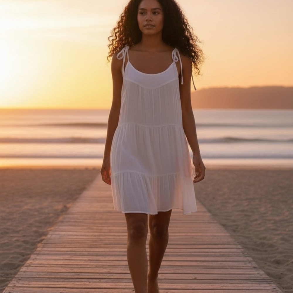 Aqua White Gauzy Sheer Tiered Swim Coverup Tie At Shoulders Size Med NWT